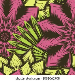 Seamless floral background. Tracery handmade nature ethnic fabric backdrop pattern with flowers. Textile design texture. Decorative color art. Vector