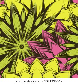 Seamless floral background. Tracery handmade nature ethnic fabric backdrop pattern with flowers. Textile design texture. Decorative color art. Vector
