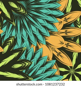 Seamless floral background. Tracery handmade nature ethnic fabric backdrop pattern with flowers. Textile design texture. Decorative color art. Vector
