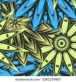 Seamless floral background. Tracery handmade nature ethnic fabric backdrop pattern with flowers. Textile design texture. Decorative color art. Vector