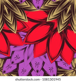 Seamless floral background. Tracery handmade nature ethnic fabric backdrop pattern with flowers. Textile design texture. Decorative color art. Vector