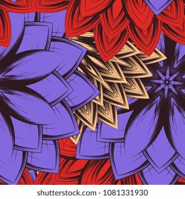 Seamless floral background. Tracery handmade nature ethnic fabric backdrop pattern with flowers. Textile design texture. Decorative color art. Vector