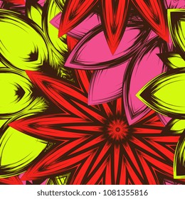 Seamless floral background. Tracery handmade nature ethnic fabric backdrop pattern with flowers. Textile design texture. Decorative color art. Vector