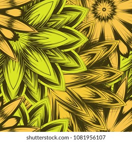Seamless floral background. Tracery handmade nature ethnic fabric backdrop pattern with flowers. Textile design texture. Decorative color art. Vector