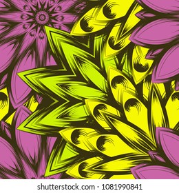 Seamless floral background. Tracery handmade nature ethnic fabric backdrop pattern with flowers. Textile design texture. Decorative color art. Vector