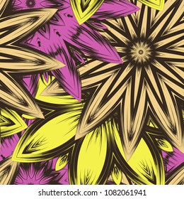 Seamless floral background. Tracery handmade nature ethnic fabric backdrop pattern with flowers. Textile design texture. Decorative color art. Vector