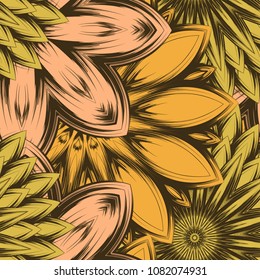 Seamless floral background. Tracery handmade nature ethnic fabric backdrop pattern with flowers. Textile design texture. Decorative color art. Vector