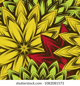 Seamless floral background. Tracery handmade nature ethnic fabric backdrop pattern with flowers. Textile design texture. Decorative color art. Vector