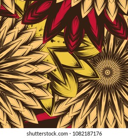 Seamless floral background. Tracery handmade nature ethnic fabric backdrop pattern with flowers. Textile design texture. Decorative color art. Vector