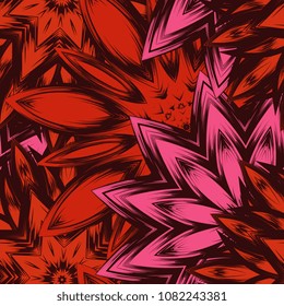 Seamless floral background. Tracery handmade nature ethnic fabric backdrop pattern with flowers. Textile design texture. Decorative color art. Vector