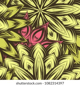Seamless floral background. Tracery handmade nature ethnic fabric backdrop pattern with flowers. Textile design texture. Decorative color art. Vector