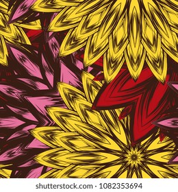 Seamless floral background. Tracery handmade nature ethnic fabric backdrop pattern with flowers. Textile design texture. Decorative color art. Vector