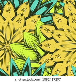 Seamless floral background. Tracery handmade nature ethnic fabric backdrop pattern with flowers. Textile design texture. Decorative color art. Vector