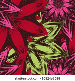 Seamless floral background. Tracery handmade nature ethnic fabric backdrop pattern with flowers. Textile design texture. Decorative color art. Vector