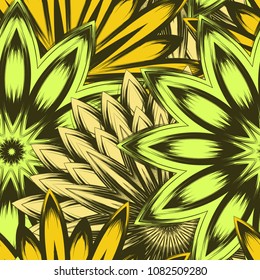 Seamless floral background. Tracery handmade nature ethnic fabric backdrop pattern with flowers. Textile design texture. Decorative color art. Vector