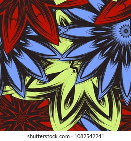 Seamless floral background. Tracery handmade nature ethnic fabric backdrop pattern with flowers. Textile design texture. Decorative color art. Vector