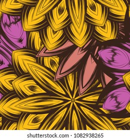 Seamless floral background. Tracery handmade nature ethnic fabric backdrop pattern with flowers. Textile design texture. Decorative color art. Vector
