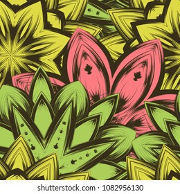 Seamless floral background. Tracery handmade nature ethnic fabric backdrop pattern with flowers. Textile design texture. Decorative color art. Vector
