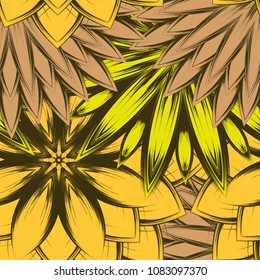 Seamless floral background. Tracery handmade nature ethnic fabric backdrop pattern with flowers. Textile design texture. Decorative color art. Vector