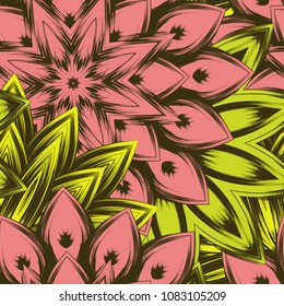 Seamless floral background. Tracery handmade nature ethnic fabric backdrop pattern with flowers. Textile design texture. Decorative color art. Vector