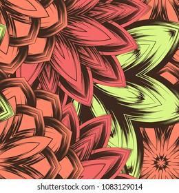 Seamless floral background. Tracery handmade nature ethnic fabric backdrop pattern with flowers. Textile design texture. Decorative color art. Vector