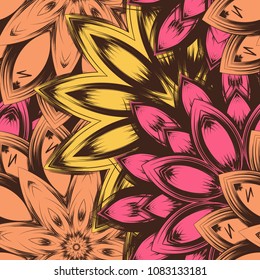 Seamless floral background. Tracery handmade nature ethnic fabric backdrop pattern with flowers. Textile design texture. Decorative color art. Vector