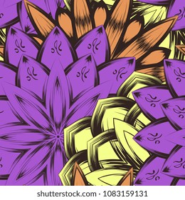 Seamless floral background. Tracery handmade nature ethnic fabric backdrop pattern with flowers. Textile design texture. Decorative color art. Vector