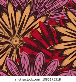 Seamless floral background. Tracery handmade nature ethnic fabric backdrop pattern with flowers. Textile design texture. Decorative color art. Vector