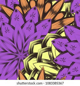 Seamless floral background. Tracery handmade nature ethnic fabric backdrop pattern with flowers. Textile design texture. Decorative color art. Vector