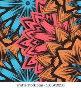 Seamless floral background. Tracery handmade nature ethnic fabric backdrop pattern with flowers. Textile design texture. Decorative color art. Vector