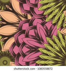 Seamless floral background. Tracery handmade nature ethnic fabric backdrop pattern with flowers. Textile design texture. Decorative color art. Vector