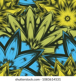 Seamless floral background. Tracery handmade nature ethnic fabric backdrop pattern with flowers. Textile design texture. Decorative color art. Vector