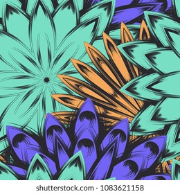 Seamless floral background. Tracery handmade nature ethnic fabric backdrop pattern with flowers. Textile design texture. Decorative color art. Vector