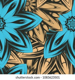 Seamless floral background. Tracery handmade nature ethnic fabric backdrop pattern with flowers. Textile design texture. Decorative color art. Vector