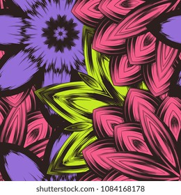 Seamless floral background. Tracery handmade nature ethnic fabric backdrop pattern with flowers. Textile design texture. Decorative color art. Vector