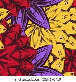 Seamless floral background. Tracery handmade nature ethnic fabric backdrop pattern with flowers. Textile design texture. Decorative color art. Vector