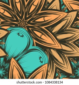 Seamless floral background. Tracery handmade nature ethnic fabric backdrop pattern with flowers. Textile design texture. Decorative color art. Vector