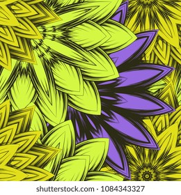 Seamless floral background. Tracery handmade nature ethnic fabric backdrop pattern with flowers. Textile design texture. Decorative color art. Vector