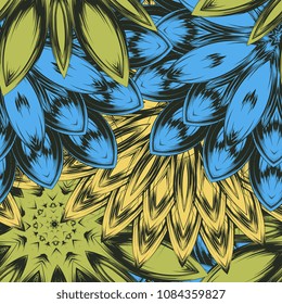 Seamless floral background. Tracery handmade nature ethnic fabric backdrop pattern with flowers. Textile design texture. Decorative color art. Vector