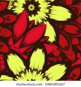Seamless floral background. Tracery handmade nature ethnic fabric backdrop pattern with flowers. Textile design texture. Decorative color art. Vector