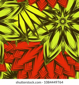 Seamless floral background. Tracery handmade nature ethnic fabric backdrop pattern with flowers. Textile design texture. Decorative color art. Vector