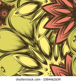 Seamless floral background. Tracery handmade nature ethnic fabric backdrop pattern with flowers. Textile design texture. Decorative color art. Vector