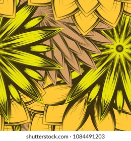 Seamless floral background. Tracery handmade nature ethnic fabric backdrop pattern with flowers. Textile design texture. Decorative color art. Vector