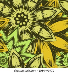 Seamless floral background. Tracery handmade nature ethnic fabric backdrop pattern with flowers. Textile design texture. Decorative color art. Vector