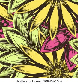 Seamless floral background. Tracery handmade nature ethnic fabric backdrop pattern with flowers. Textile design texture. Decorative color art. Vector
