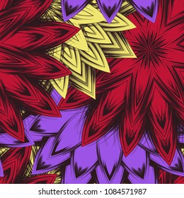 Seamless floral background. Tracery handmade nature ethnic fabric backdrop pattern with flowers. Textile design texture. Decorative color art. Vector