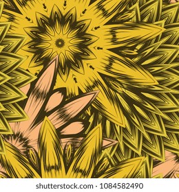 Seamless floral background. Tracery handmade nature ethnic fabric backdrop pattern with flowers. Textile design texture. Decorative color art. Vector