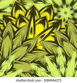 Seamless floral background. Tracery handmade nature ethnic fabric backdrop pattern with flowers. Textile design texture. Decorative color art. Vector