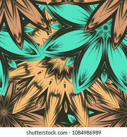 Seamless floral background. Tracery handmade nature ethnic fabric backdrop pattern with flowers. Textile design texture. Decorative color art. Vector