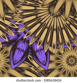 Seamless floral background. Tracery handmade nature ethnic fabric backdrop pattern with flowers. Textile design texture. Decorative color art. Vector